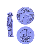 Load image into Gallery viewer, Veterans Cookie cutter Embosser Lest we forgot poppy Soldier Sun