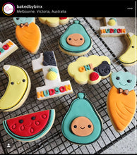 Load image into Gallery viewer, Fruit vegetable theme cookie cutter embosser banana carrot radish corn pear pumpkin avocado pineapple onion tomato watermelon apple lemon strawberry