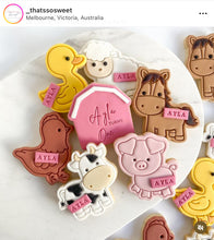 Load image into Gallery viewer, Farm animals cookie cutters and stamps - barn duck donkey chicken horse lamb cow bull pig