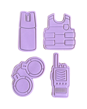 Load image into Gallery viewer, Police Elements Cookie Cutter Stamp Baton Hat Vest Walkie Talkie Handcuff Badge