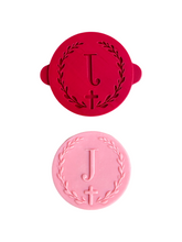 Load image into Gallery viewer, Leafy wreath cross cookie debosser baptism christening initial personalisation