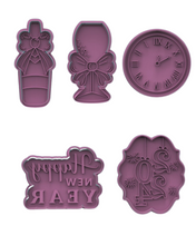 Load image into Gallery viewer, Happy New Year Cookie Fondant Cutter Stamps counting down clock Wine Glass 2024 Fireworks