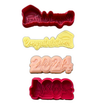 Load image into Gallery viewer, Congratulations cookie cutter Class of 2024 cookie debosser raised stamp graduation cap