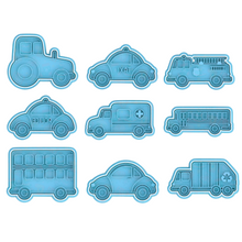 Load image into Gallery viewer, Vehicles Cookie Cutter Stamp tractor taxi firetruck police ambulance school bus double bus Beetle rubbish truck