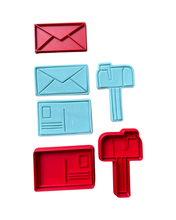 Load image into Gallery viewer, Post Office Theme Cookie Cutter Stamp Post Mail Newspaper Package Parcels Tape Postcard Mail Post Letter Mailbox