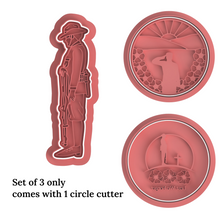 Load image into Gallery viewer, Veterans Cookie cutter Embosser Lest we forgot poppy Soldier Sun