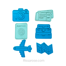 Load image into Gallery viewer, Travel Set Cookie Cutter Stamp stacked luggages globe passport boarding pass sunglasses