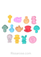 Load image into Gallery viewer, Alice in Wonderland Elements Cookie Cutter Stamp Key Cheshire Clock Mushroom Potion Teapot Hat Eat Me
