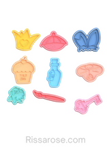 Load image into Gallery viewer, Alice in Wonderland Elements Cookie Cutter Stamp Crown Hat Bunny Ears Eat Me Drink Me Paint Palette Flower Paint Brush Key
