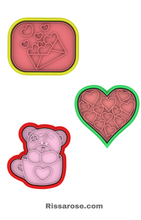 Load image into Gallery viewer, Happy Valentines Day Cookie Cutter Stamp Teddy Bear with Cup Love Letter Multiple Hearts
