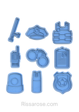 Load image into Gallery viewer, Police Elements Cookie Cutter Stamp Baton Hat Vest Walkie Talkie Handcuff Badge