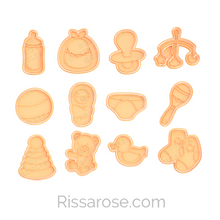 Load image into Gallery viewer, Baby Shower Cookie Cutter Stamp Bottle Bib Dummy Mobile Ball Baby Nappy Rattle Stacking Toy Teddy Bear Duck Socks