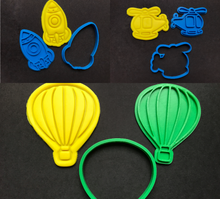 Load image into Gallery viewer, hot air balloon rocket space ship helicopter cookie cutter and stamp all 3
