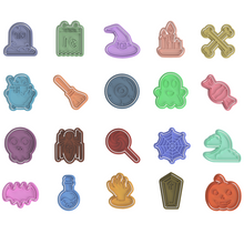 Load image into Gallery viewer, Halloween Cookie Fondant Cutter Stamp Skull Pumpkin Grave eyeball Mummy Candy Ghost Flask Cauldion
