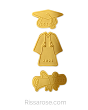 Load image into Gallery viewer, Graduation Cookie Cutter Stamp Scroll Hat Gown
