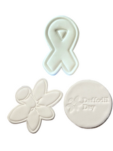 Load image into Gallery viewer, daffodil day cookie stamp and cutter- cancer council - daffodil and cancer ribbon all 3
