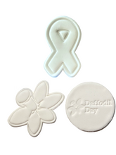 Load image into Gallery viewer, daffodil day cookie stamp and cutter- cancer council - daffodil and cancer ribbon all 3