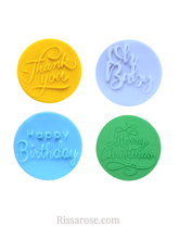 Load image into Gallery viewer, merry christmas happy birthday thank you oh babay cookie debosser fondant package biscuit pastry cutter fondant mold baking tools set of 4 debossers
