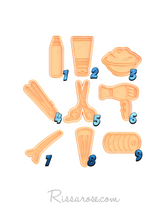 Load image into Gallery viewer, hairdresser hair salon cookie cutter stamp - hair dyer, hair clip, flat iron, scissors, roller, hair dye bowl, condition, and spray
