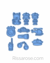 Load image into Gallery viewer, Police Elements Cookie Cutter Stamp Dog Policewoman Policeman Badge Car helicopter Walkie Talkie Flashlight Handcuff Hat