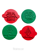 Load image into Gallery viewer, dog christmas cookie stamp cake fondant embosser - merry woofmas here comes to santa paw both embossers