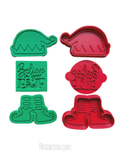 Load image into Gallery viewer, christmas elf cookie cutter set believe in elf fondant embosser elf hat feet set of 3