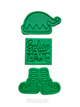 Load image into Gallery viewer, christmas elf cookie cutter set believe in elf fondant embosser elf hat feet