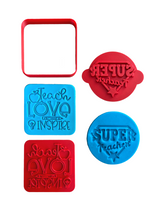 Load image into Gallery viewer, teacher cookie embossers cutter - super teacher, love inspire light bulb end of year gift a set of 3