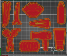 Load image into Gallery viewer, hairdresser hair salon cookie cutter stamp - hair dyer, hair clip, flat iron, scissors, roller, hair dye bowl, condition, and spray all 9