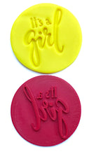 Load image into Gallery viewer, gender reveal cookie stamp fondant embosser it's boy it's girl it's twin baby shower fondant embosser cake decoration it's girl