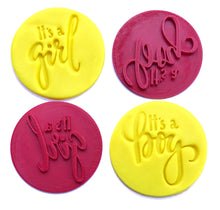 Load image into Gallery viewer, gender reveal cookie stamp fondant embosser it's boy it's girl it's twin baby shower fondant embosser cake decoration