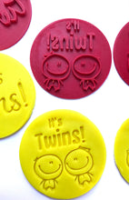 Load image into Gallery viewer, gender reveal cookie stamp fondant embosser it's boy it's girl it's twin baby shower fondant embosser cake decoration it's twins boy girl