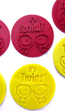 Load image into Gallery viewer, gender reveal cookie stamp fondant embosser it's boy it's girl it's twin baby shower fondant embosser cake decoration it's twins girl girl