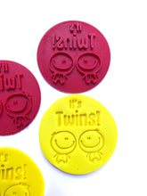 Load image into Gallery viewer, gender reveal cookie stamp fondant embosser it's boy it's girl it's twin baby shower fondant embosser cake decoration it's twins boy boy