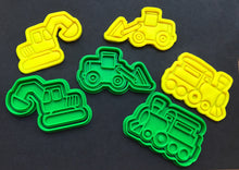 Load image into Gallery viewer, transport train digger front loader excavator bike rocket ship cookie cutter stamp fondant embosser vehicle tools