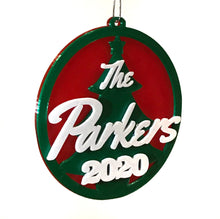 Load image into Gallery viewer, personalised christmas bauble translucent red with silky green christmas ornament xmas tree