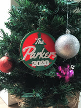 Load image into Gallery viewer, personalised christmas bauble translucent red with silky green christmas ornament xmas tree