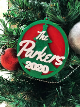 Load image into Gallery viewer, personalised christmas bauble translucent red with silky green christmas ornament xmas tree