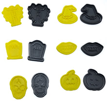 Load image into Gallery viewer, halloween cookie fondant cutter stamp dracula skull pumpkin grave vampire teeth witch hat all 6