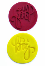 Load image into Gallery viewer, gender reveal cookie stamp fondant embosser it's boy it's girl it's twin baby shower fondant embosser cake decoration it's boy