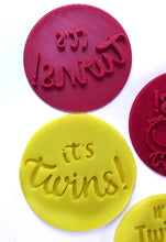 Load image into Gallery viewer, gender reveal cookie stamp fondant embosser it's boy it's girl it's twin baby shower fondant embosser cake decoration it's twins