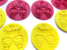 Load image into Gallery viewer, gender reveal cookie stamp fondant embosser it's boy it's girl it's twin baby shower fondant embosser cake decoration