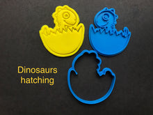 Load image into Gallery viewer, dinosaurs cookie cutter stamp t-rex stegosaurus brontosaurus tricerstops hatching number dinosaurs hatching