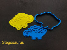 Load image into Gallery viewer, dinosaurs cookie cutter stamp t-rex stegosaurus brontosaurus tricerstops hatching number stegosaurus