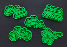 Load image into Gallery viewer, transport train digger front loader excavator bike rocket ship cookie cutter stamp fondant embosser vehicle tools all 5