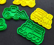 Load image into Gallery viewer, transport train digger front loader excavator bike rocket ship cookie cutter stamp fondant embosser vehicle tools