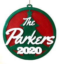 Load image into Gallery viewer, personalised christmas bauble translucent red with silky green christmas ornament xmas tree