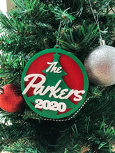Load image into Gallery viewer, personalised christmas bauble translucent red with silky green christmas ornament xmas tree