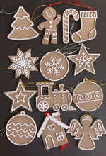Load image into Gallery viewer, icing cookie christmas ornaments angel gingerbread man house tree train star sock bauble candy cane  all 13