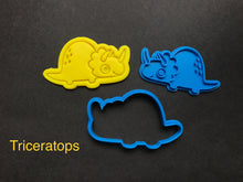 Load image into Gallery viewer, dinosaurs cookie cutter stamp t-rex stegosaurus brontosaurus tricerstops hatching number